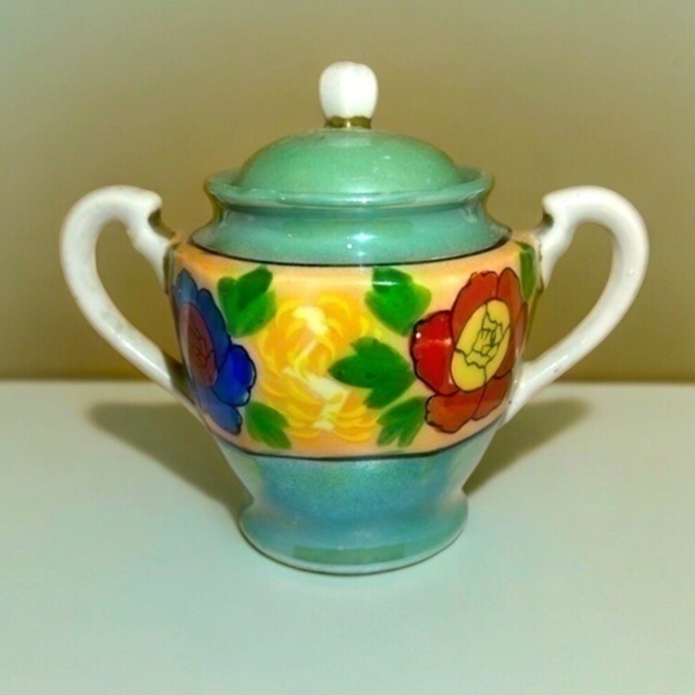 Antique Japanese Lusterware Floral Sugar Bowl - Gold Castle